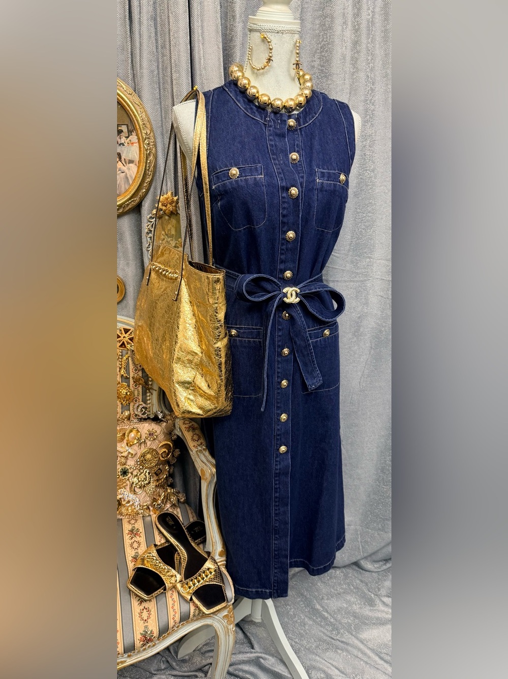 Navy Denim Long Dress/Coat Gold Button
